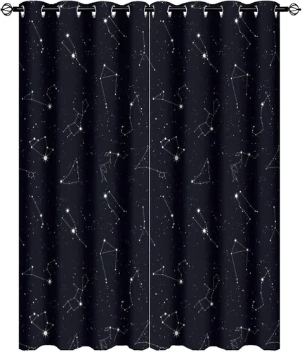 Vista 59 de Cortinas opacas de constelación para sala de estar, arte moderno abstracto, negro, galaxia, blanco, patrón de símbolo de constelación