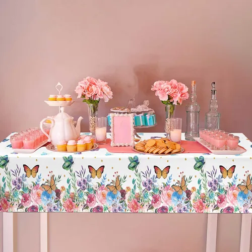 Vista 6 de Paquete de 3 manteles de mariposa, mantel rectangular de mariposa de primavera, mantel de cumpleaños, mantel de plástico desechable con flores