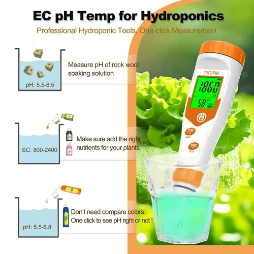 Vista 3 de Probador de pH hidropónico EC, pantalla simultánea pH ppm para agua de depósito base, monitoreo continuo de temperatura de conductividad de pH. ppm
