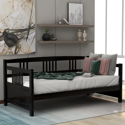 Vista 5 de Merax Sofá Cama Individual con Listones de Madera Soporte Sofá Cama Moderno para Sala de Estar con Rieles, Tamaño Individual, Espresso Oscuro