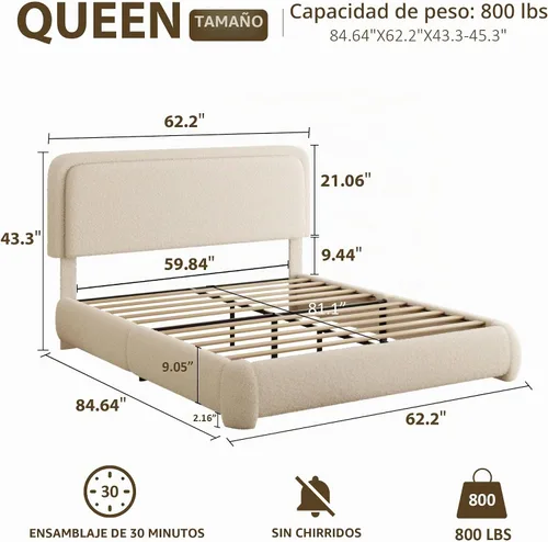Vista 2 de Base de cama tamaño Queen, marco de cama de terciopelo Teddy Boucle con cabecera tapizada ajustable de 43.3"/45.3", esquinas redondeadas, base