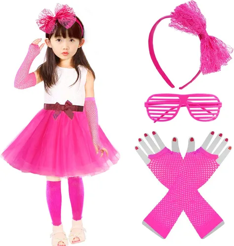 Vista 5 de Accesorios de disfraces 6 en 1 para niños trajes y vestidos elegantes de los años 1970 y 1980 para fiestas de cosplay o fiestas temáticas para niñas