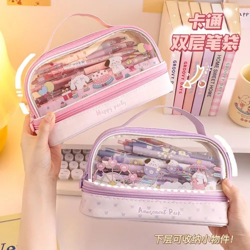 Vista 4 de JHTPSLR Estuche para lápices Kawaii grande con correa de doble capa, transparente, impermeable, lindo estuche para lápices, bolsas para bolígrafos