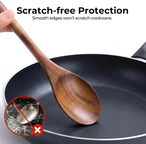 Vista 4 de HANSGO cucharas de madera para cocinar, 2 piezas de utensilio de cocina de madera de acacia, cucharas de servir de madera de 12 pulgadas