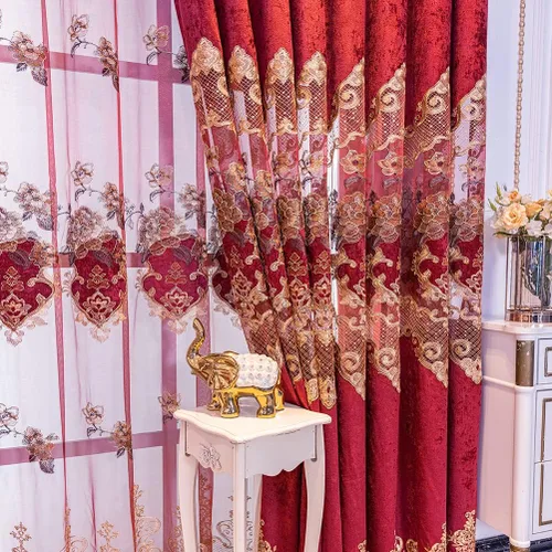 Vista 3 de ELKCA Cortina de felpilla bordada en rojo burdeos para sala de estar, cortinas florales de felpilla de lujo para dormitorio, ojales en la parte