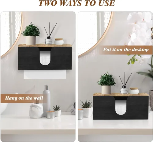 Vista 6 de Paquete de 2 dispensadores de toallas de papel de madera maciza montados en la pared, soporte de toalla de papel plegado con tapa, plegable en C