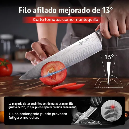 Vista 2 de PAUDIN Cuchillo de chef, cuchillo de cocina afilado de acero inoxidable de alto carbono de 8 pulgadas con mango ergonómico, caja de regalo