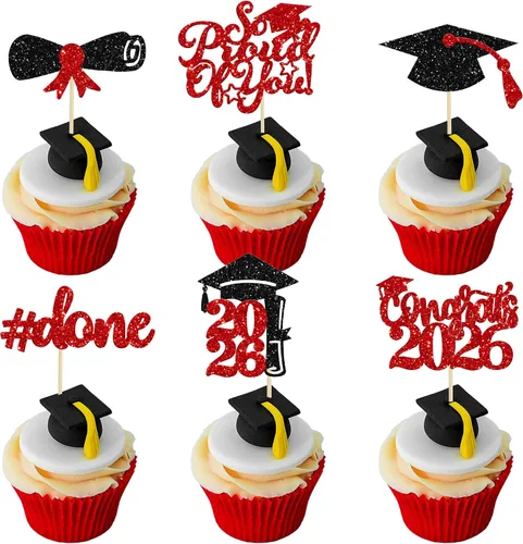 Vista 44 de Gyufise 24 piezas Adornos para pastel de graduación 2026 con purpurina negra, clase de 2026, adornos para magdalenas con gorra de graduación