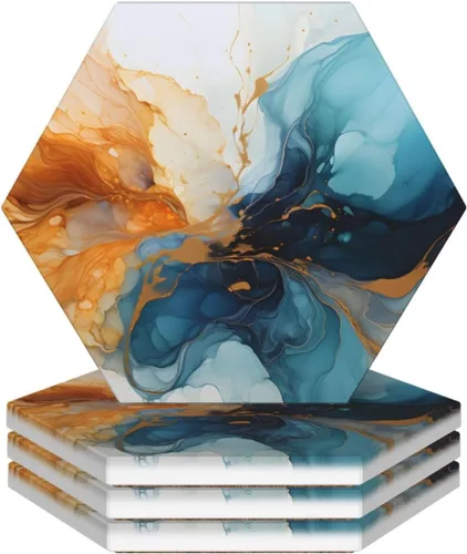 Vista 14 de Abstract Green and Gold Marble Ceramic Coaster Set of 4
