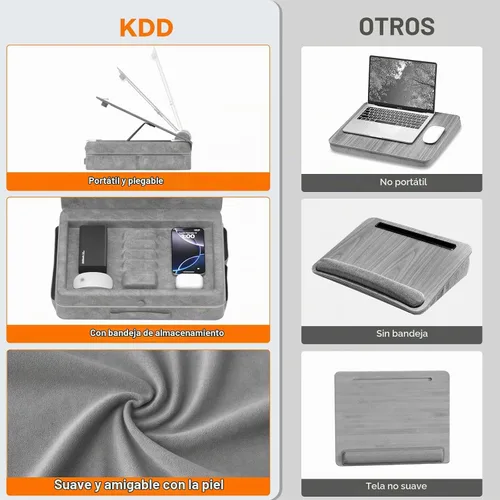 Vista 5 de KDD Escritorio de regazo para laptop con cojín, mesa para laptop con almacenamiento para cama y sofá, soporte de almohada ajustable con tira