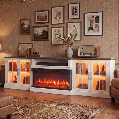 Vista 2 de Mueble de TV de estilo granja de 98" con chimenea de 36" para televisores de hasta 100", centro de entretenimiento multimedia con estantes 2-Blanco