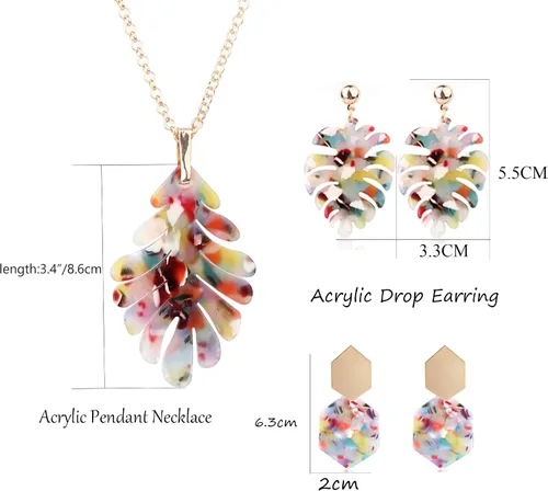 Vista 2 de ORAZIO Juego de collar largo con colgante y aretes acrílicos para mujeres y niñas, aretes de gota con dije, collares con dije, juego de judería