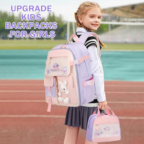 Vista 6 de Juego de mochila para niñas, mochila infantil para niñas, mochila escolar Kawaii Bunny para niña, jardín de infantes, primaria, preescolar, Púrpura