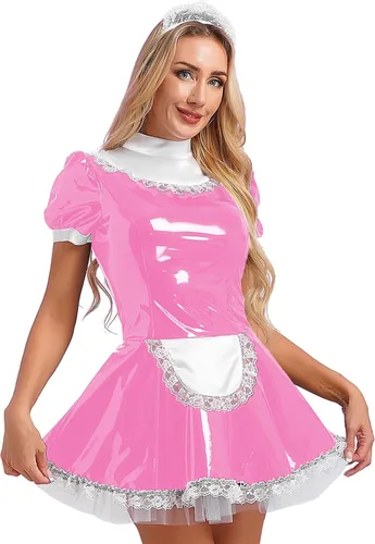 Vista 2 de MSemis Women's PVC Leather Wet Look French Maid Costume Outfits Anime Cosplay Dress Apron Fancy Dress