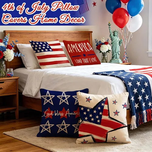 Vista 6 de ONFAON Juego de 4 fundas de almohada decorativas para el 4 de julio, 18 x 18 pulgadas, juego de 4 almohadas patrióticas del Día de la Independencia