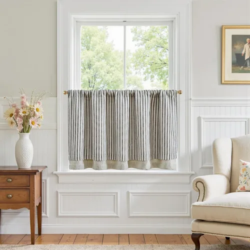 Vista 12 de jinchan Cenefa de Lino a Rayas para Ventanas de 16 Pulgadas Cortinas Opacas para Ventana Pequeña Estilo Granja Cenefa de Doble Capa para Sala