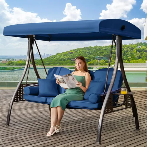 Vista 23 de Columpio de porche para exteriores 3 en 1 con toldo ajustable, columpio de 3 asientos para adultos, columpio de patio con cojines gruesos, almohadas