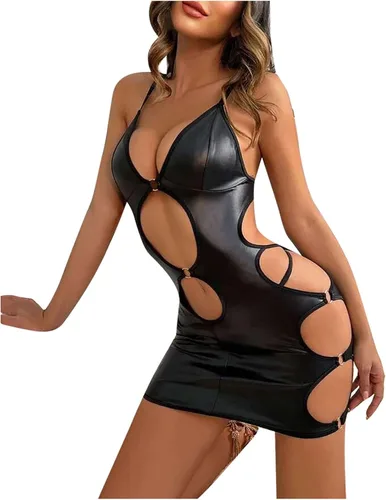 Vista 6 de Babydoll de piel sintética para mujer, con cuello en V, lencería sexy, seductora, tirantes delgados, ajustados
