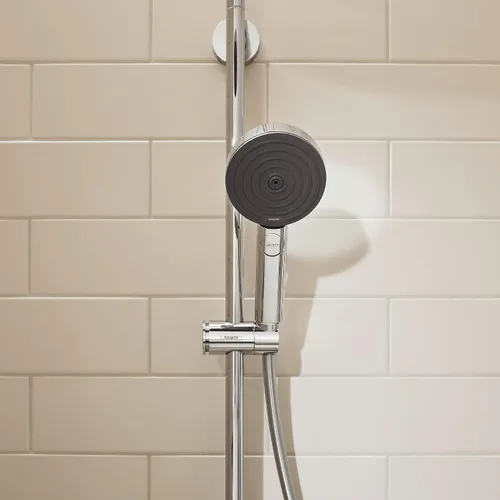 Vista 2 de hansgrohe Pulsify S Ducha de mano de 12 pulgadas con 1 chorro, barra deslizante y manguera PowderRain, Lluvia Intensa, Masaje Pulsante en níquel
