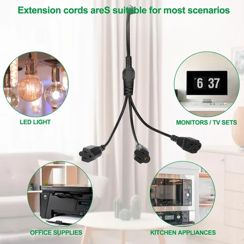 Vista 5 de Cable de extensión de alimentación de 1 a 3 divisor en Y, protector de salida de cable resistente de 3 clavijas para interiores y exteriores, NEMA