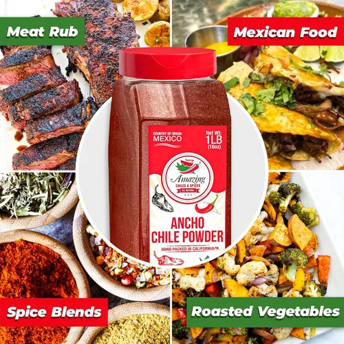 Vista 2 de Polvo de Chile Ancho Molido 1 LB (16oz) – Completamente Natural - Usar Para Recetas Como Mole Mexicano, Salsas, Guisos, Salsa, Carnes, Enchiladas.