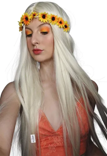 Vista 4 de Allaura Disfraz de diadema con flores, peluca hippie para mujer, disfraz de los años 1970 + diadema de flores extraíble, peluca larga, rubia