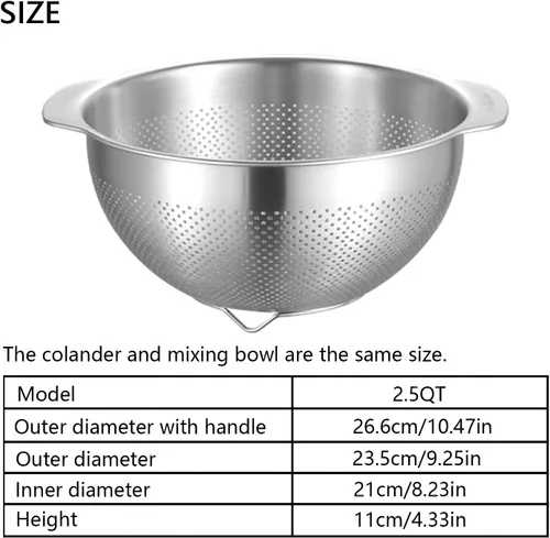 Vista 2 de Colador de Micropozos de Acero Inoxidable 18/8, Gran Capacidad de 2.5 Cuartos con Mango, Cesta Coladora de Alimentos de Cocina para Lavar Verduras