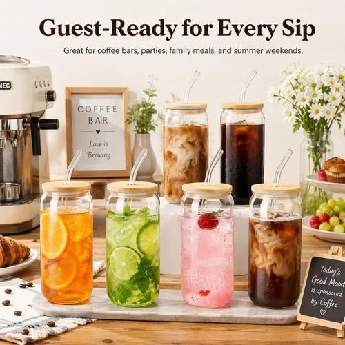 Vista 8 de Tazas de vidrio con tapas y pajitas de 16 onzas, set de 16 – Tazas de café helado para fiestas navideñas, reuniones familiares y anfitrionaje diario