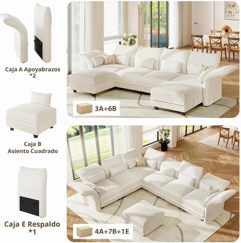 Vista 9 de LLappuil Sofá seccional beige con almacenamiento, sofás modulares de pana para sala de estar con apoyabrazos ajustables, cojines de felpa gruesos, 6