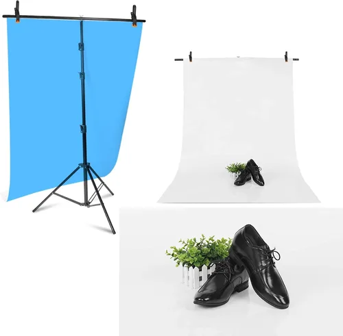Vista 2 de Meking Soporte de fondo para fotos en forma de T, 4 x 6.5 pies/3.9 x 6.6 ft, sistema de soporte de fondo portátil con 2 abrazaderas de resorte