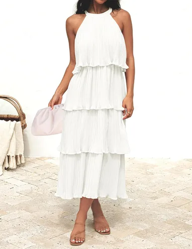 Vista 2 de ZESICA Vestido largo midi de gasa con capas escalonadas y cuello halter para mujer, 2024