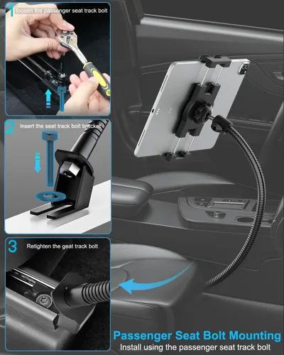 Vista 4 de Soporte para tablet de carril de asiento de automóvil para camión, cuello de cisne resistente para asiento delantero del pasajero con perno de piso