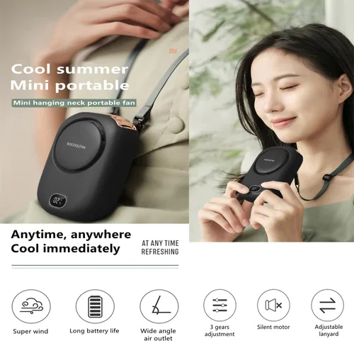 Vista 2 de AOCOOLFAN Ventilador de cuello portátil, mini ventilador de mano personal pequeño recargable por USB de 3 velocidades para niñas, niños y mujeres