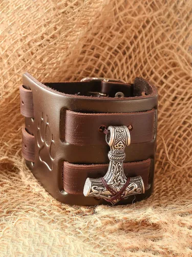Vista 5 de HAQUIL Viking Bracelet for Men Viking Mjolnir Pendant Nordic Wide Leather Wristband Viking Jewelry Men