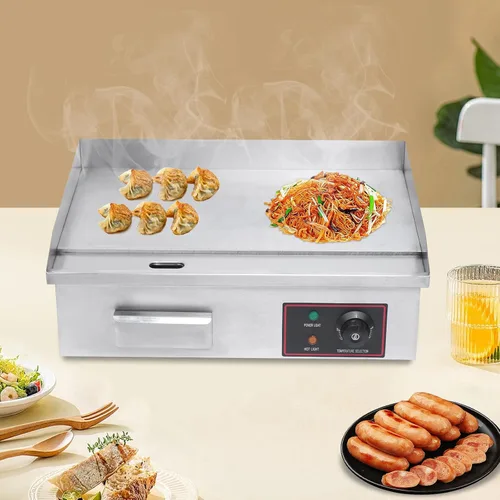 Vista 4 de Plancha eléctrica comercial de 3000 W, parrilla superior plana, placa caliente, barbacoa, antiadherente, grande, control termostático ajustable