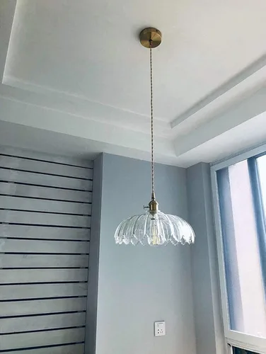 Vista 2 de Lámpara colgante industrial retro de latón con pantalla de vidrio transparente, lámparas de suspensión en forma de flor de granja E27/E26 sockets