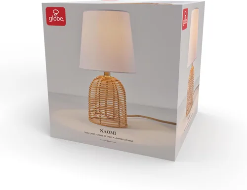 Vista 8 de GLOBE 61000047 - Lámpara de mesa eléctrica de 14 pulgadas, base de ratán, pantalla de lino blanco, interruptor giratorio de encendido/apagado