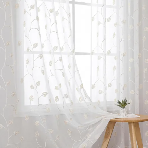 Vista 16 de VISIONTEX 2 paneles de cortinas traslúcidas de 63 in de largo, cortinas de gasa semitransparentes bordadas con hojas florales beige, bolsillo