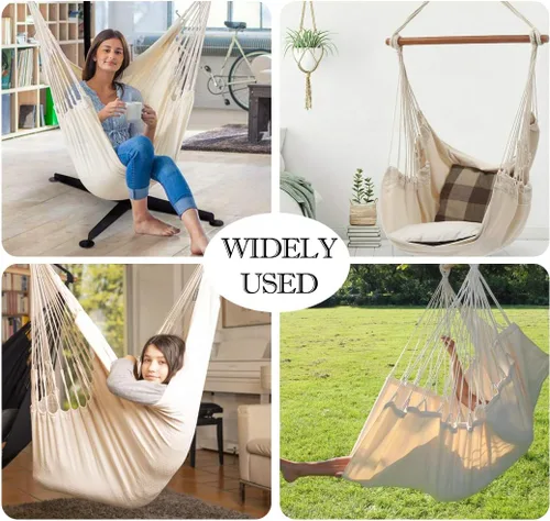 Vista 4 de Silla hamaca colgante de cuerda para interiores y exteriores, columpio de hamaca de tejido de algodón resistente, máximo 300 libras