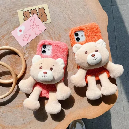 Vista 4 de Bonita funda de oso de felpa compatible con Samsung Galaxy S10, funda mullida 3D adorable oso suave de poliuretano termoplástico para manos y pies