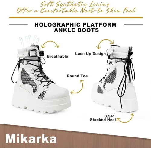 Vista 3 de mikarka Botas de plataforma holográfica para mujer con cordones hebilla con tachuelas góticas apiladas botas de combate