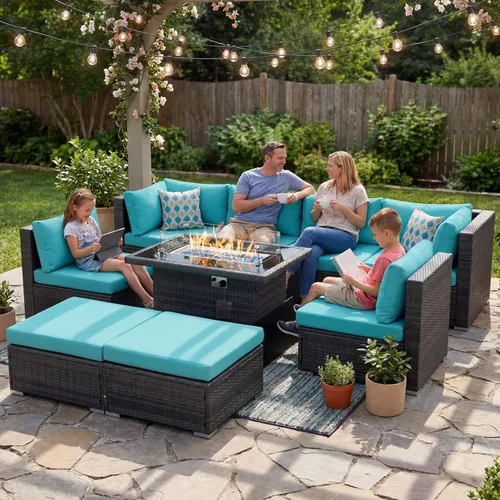 Vista 131 de NICESOUL Juego de muebles de patio de ratán extra grande con mesa para fogata de gas y propano, 29.3 pulgadas, respaldo alto, cómodos conversaciones