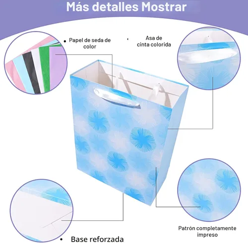 Vista 6 de Paquete de 12 bolsas de regalo de varios tamaños y diseños, bolsas de regalo a granel con papel de seda