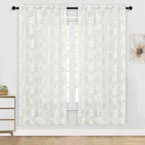 Vista 25 de DWCN Paquete de 2 cortinas traslúcidas pequeñas de encaje floral beige para cocina, cortinas traslúcidas ligeras con bolsillo para barra, cortinas
