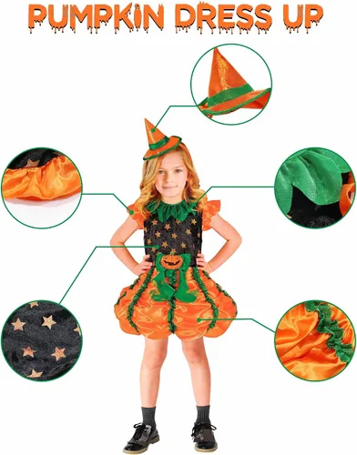 Vista 2 de Usview Disfraz de bruja de calabaza de Halloween para niña, vestido naranja verde y negro con mini sombrero, lindo juego de falda de calabaza