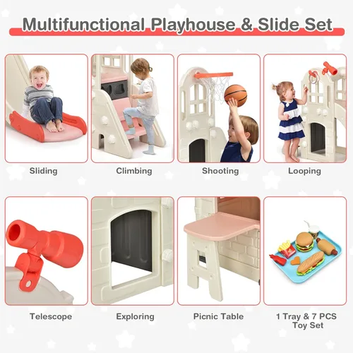 Vista 3 de Costzon Juego de casa de juegos y tobogán para niños, casa de juegos 7 en 1 al aire libre con puertas y ventanas de trabajo, mesa de picnic, juego