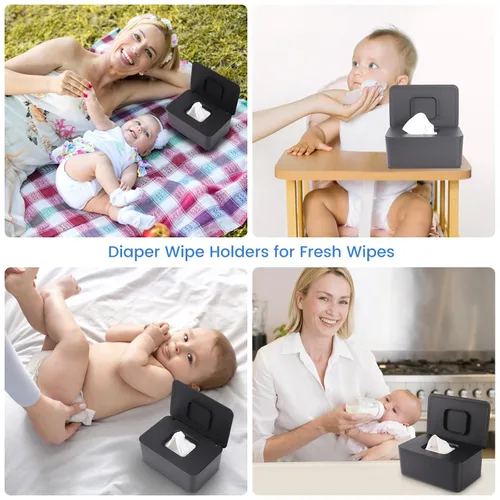 Vista 2 de Dispensador de toallitas para bebés y soporte para toallitas – Recipiente de toallitas para bebé recargable antideslizante con tapa de sellado