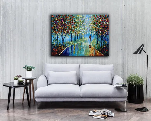 Vista 6 de YaSheng Art - Pintura al óleo de paisaje sobre lienzo con textura de árbol abstracto contemporáneo, pinturas de pared hechas a mano, decoración