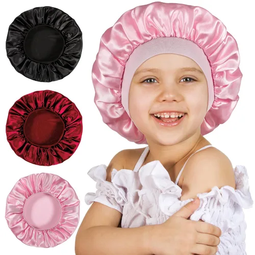 Vista 8 de 3 gorros para niños, gorros para niñas, gorro de seda satinada para dormir, gorro de dormir de banda ancha suave para trenzas de cabello rizado