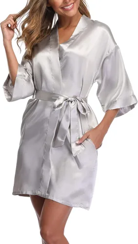 Vista 2 de Bata corta de satén para mujer, kimono, novia, dama de honor, albornoz de preparación, bata suave para dormir